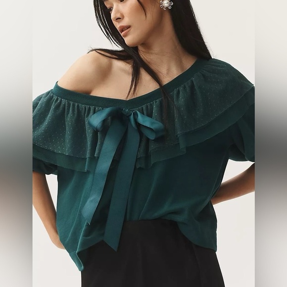 Maeve V-Neck Bow Sweater Sz Large Teal / Evergreen - Picture 2 of 8